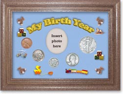 1935 My Birth Year Coin Gift Set with a blue background and dark oak frame THUMBNAIL