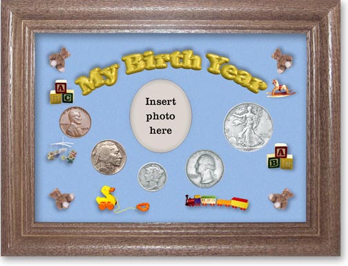 1936 My Birth Year Coin Gift Set with a blue background and dark oak frame MAIN