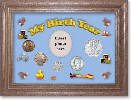 1937 My Birth Year Coin Gift Set with a blue background and dark oak frame LARGE