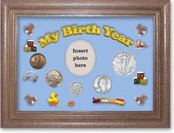 1937 My Birth Year Coin Gift Set with a blue background and dark oak frame THUMBNAIL