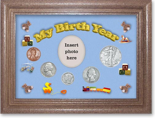 1938 My Birth Year Coin Gift Set with a blue background and dark oak frame LARGE