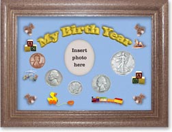 1938 My Birth Year Coin Gift Set with a blue background and dark oak frame THUMBNAIL