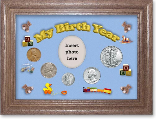 1940 My Birth Year Coin Gift Set with a blue background and dark oak frame LARGE