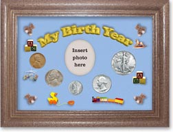 1940 My Birth Year Coin Gift Set with a blue background and dark oak frame THUMBNAIL