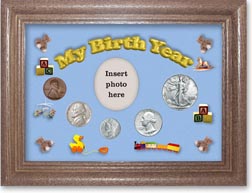 1941 My Birth Year Coin Gift Set with a blue background and dark oak frame THUMBNAIL