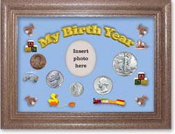 1942 My Birth Year Coin Gift Set with a blue background and dark oak frame THUMBNAIL