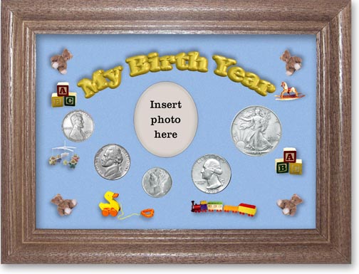 1943 My Birth Year Coin Gift Set with a blue background and dark oak frame MAIN