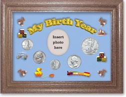 1943 My Birth Year Coin Gift Set with a blue background and dark oak frame THUMBNAIL