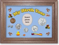 1944 My Birth Year Coin Gift Set with a blue background and dark oak frame THUMBNAIL