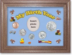1947 My Birth Year Coin Gift Set with a blue background and dark oak frame THUMBNAIL