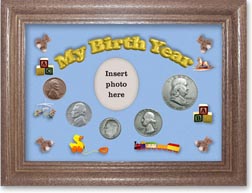 1949 My Birth Year Coin Gift Set with a blue background and dark oak frame THUMBNAIL