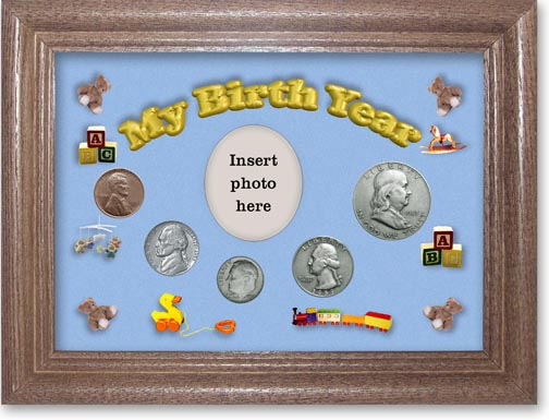 1953 My Birth Year Coin Gift Set with a blue background and dark oak frame LARGE