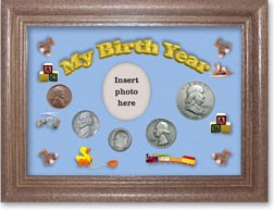 1953 My Birth Year Coin Gift Set with a blue background and dark oak frame THUMBNAIL