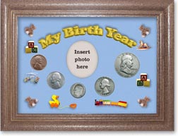 1954 My Birth Year Coin Gift Set with a blue background and dark oak frame THUMBNAIL