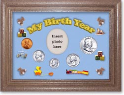 1962 My Birth Year Coin Gift Set with a blue background and dark oak frame THUMBNAIL