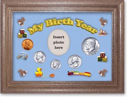1964 My Birth Year Coin Gift Set with a blue background and dark oak frame THUMBNAIL
