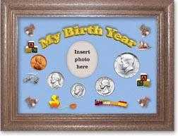 1965 My Birth Year Coin Gift Set with a blue background and dark oak frame THUMBNAIL