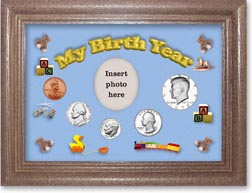 1972 My Birth Year Coin Gift Set with a blue background and dark oak frame THUMBNAIL