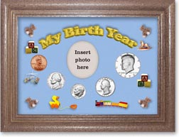 1973 My Birth Year Coin Gift Set with a blue background and dark oak frame THUMBNAIL