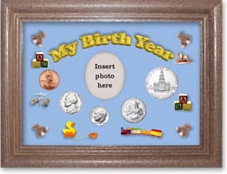 1976 My Birth Year Coin Gift Set with a blue background and dark oak frame THUMBNAIL