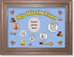 1981 My Birth Year Coin Gift Set with a blue background and dark oak frame THUMBNAIL