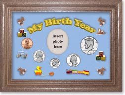 1983 My Birth Year Coin Gift Set with a blue background and dark oak frame THUMBNAIL