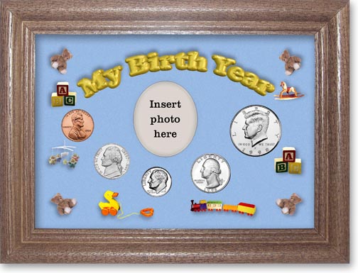 1998 My Birth Year Coin Gift Set with a blue background and dark oak frame LARGE