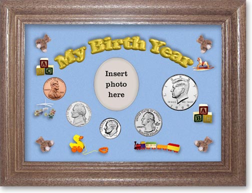 1999 My Birth Year Coin Gift Set with a blue background and dark oak frame MAIN