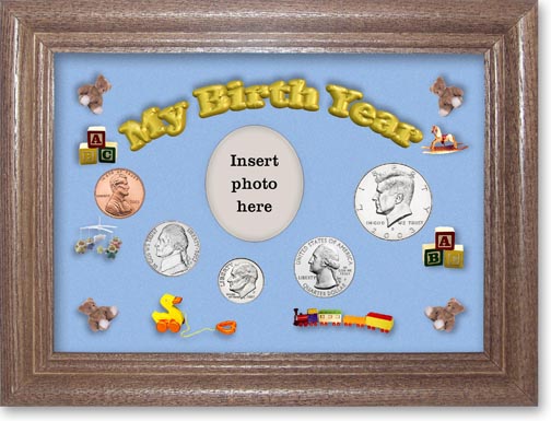 2003 My Birth Year Coin Gift Set with a blue background and dark oak frame LARGE