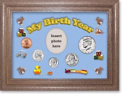 2004 My Birth Year Coin Gift Set with a blue background and dark oak frame THUMBNAIL