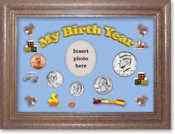 2008 My Birth Year Coin Gift Set with a blue background and dark oak frame THUMBNAIL