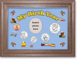 2013 My Birth Year Coin Gift Set with a blue background and dark oak frame THUMBNAIL