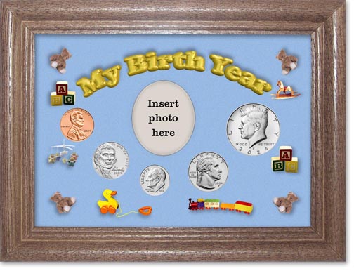 2024 My Birth Year Coin Gift Set with a blue background and dark oak frame LARGE