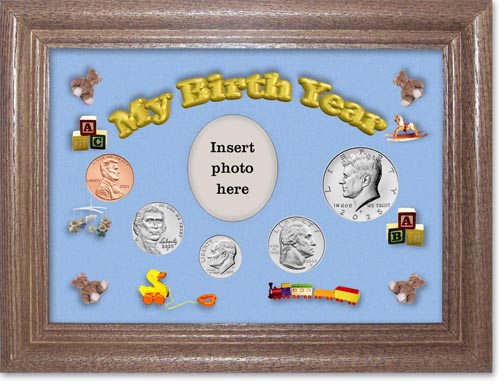 2025 My Birth Year Coin Gift Set with a blue background and dark oak frame MAIN