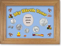 1943 My Birth Year Coin Gift Set with a blue background and wheat frame THUMBNAIL