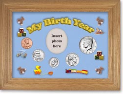 My Birth Year Coin Gift Set with a blue background and wheat frame THUMBNAIL