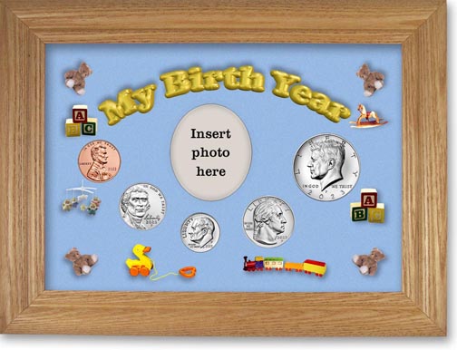 My Birth Year Coin Gift Set with blue background and wheat frame LARGE