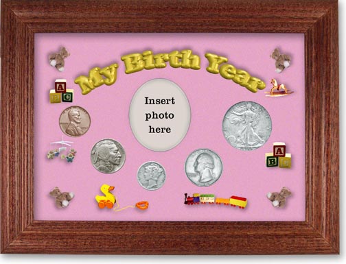 1934 My Birth Year Coin Gift Set with a pink background and cherry frame LARGE