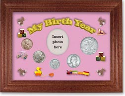 1934 My Birth Year Coin Gift Set with a pink background and cherry frame THUMBNAIL