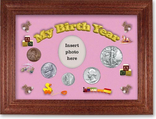 1942 My Birth Year Coin Gift Set with a pink background and cherry frame LARGE