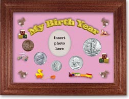 1942 My Birth Year Coin Gift Set with a pink background and cherry frame THUMBNAIL