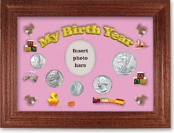 1943 My Birth Year Coin Gift Set with a pink background and cherry frame THUMBNAIL