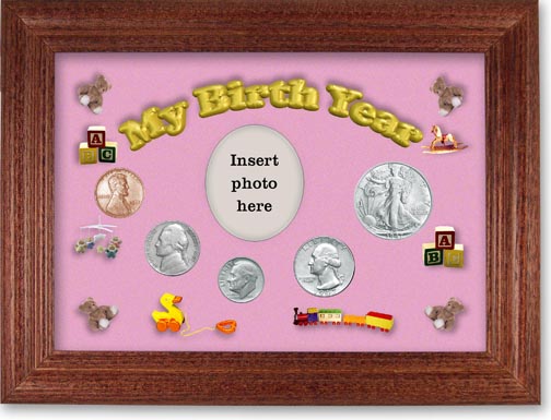 1947 My Birth Year Coin Gift Set with a pink background and cherry frame LARGE