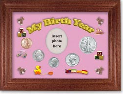 1947 My Birth Year Coin Gift Set with a pink background and cherry frame THUMBNAIL