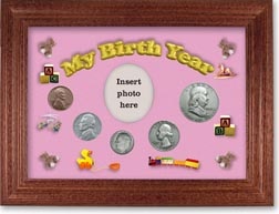 1949 My Birth Year Coin Gift Set with a pink background and cherry frame THUMBNAIL