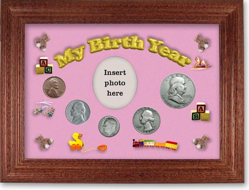 1950 My Birth Year Coin Gift Set with a pink background and cherry frame MAIN