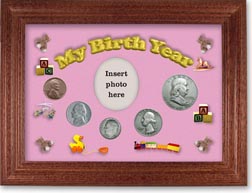 1950 My Birth Year Coin Gift Set with a pink background and cherry frame THUMBNAIL