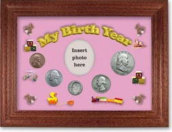 1951 My Birth Year Coin Gift Set with a pink background and cherry frame THUMBNAIL