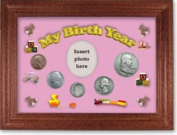 1954 My Birth Year Coin Gift Set with a pink background and cherry frame THUMBNAIL