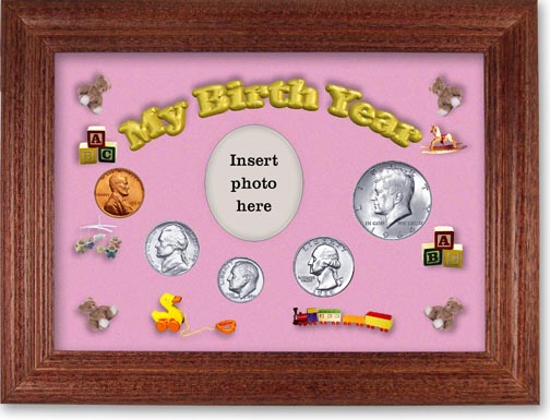 1964 My Birth Year Coin Gift Set with a pink background and cherry frame LARGE